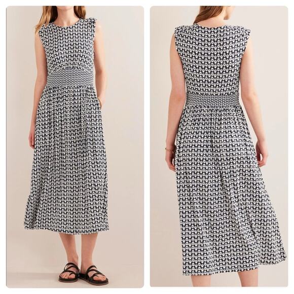 Boden Waist Detail Sleeveless Midi Dress In French Navy Tulip Pop - Picture 1 of 16